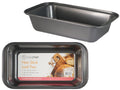 dark grey non-stick coating; rectangular shape; small handles on each side; label with brand and product info inside pan;