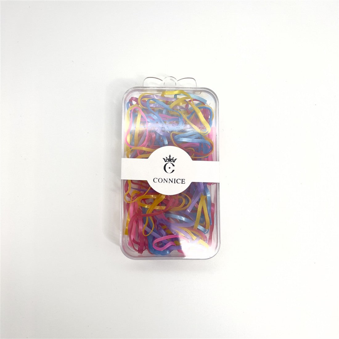 Clear rectangular plastic case packaging; Pack label with brand name "CONNICE"; Thin flat hair elastics; Mixed pastel colours including yellow, blue and pink;