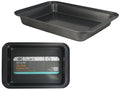 black non-stick coated surface; rectangular shape; metal construction; label with product info; measures approximately 37 x 25 x 5 cm;