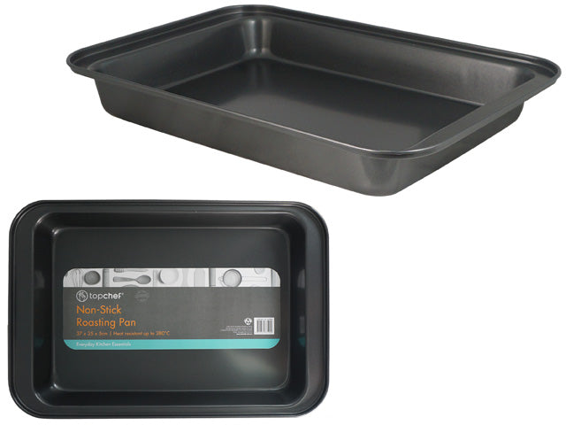 black non-stick coated surface; rectangular shape; metal construction; label with product info; measures approximately 37 x 25 x 5 cm;