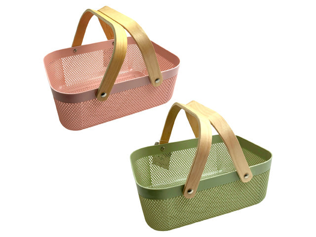 rectangular shape; pastel colours (pink and green); metal mesh material; double wooden handles;