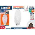 white plastic hook; oval shape; self-adhesive backing with pull tab; 110 x 55mm size indication; packaging shows single hook;