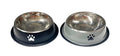 large round bowl shape; stainless steel inner bowl; outer ring in black and silver colour; white and black paw print on outer ring; non-slip rubber ring base;