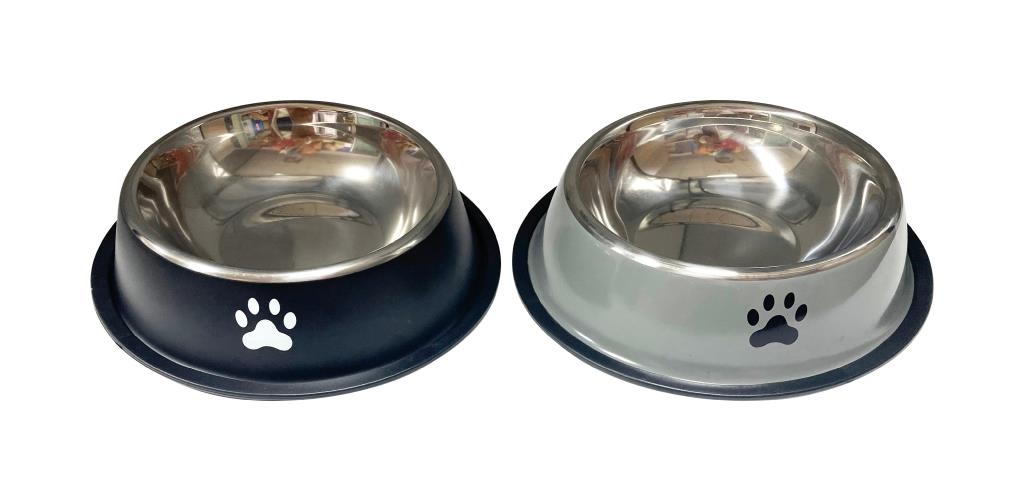 large round bowl shape; stainless steel inner bowl; outer ring in black and silver colour; white and black paw print on outer ring; non-slip rubber ring base;
