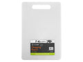 white rectangular plastic board; handle cut-out at top; black and green label with product info; measures 34cm x 23cm;
