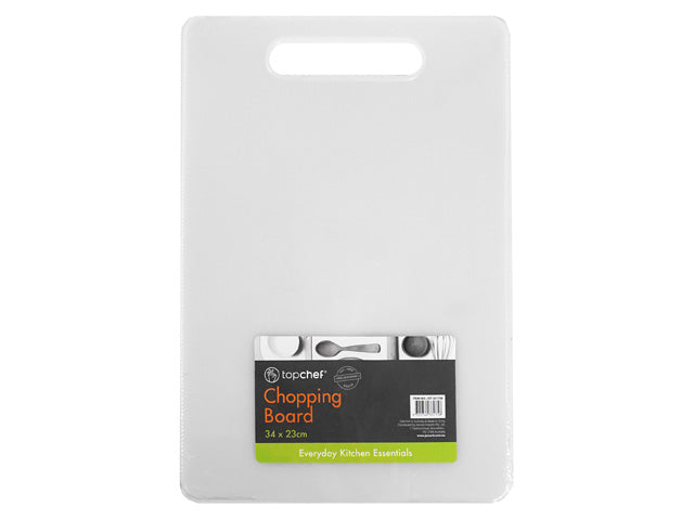 white rectangular plastic board; handle cut-out at top; black and green label with product info; measures 34cm x 23cm;