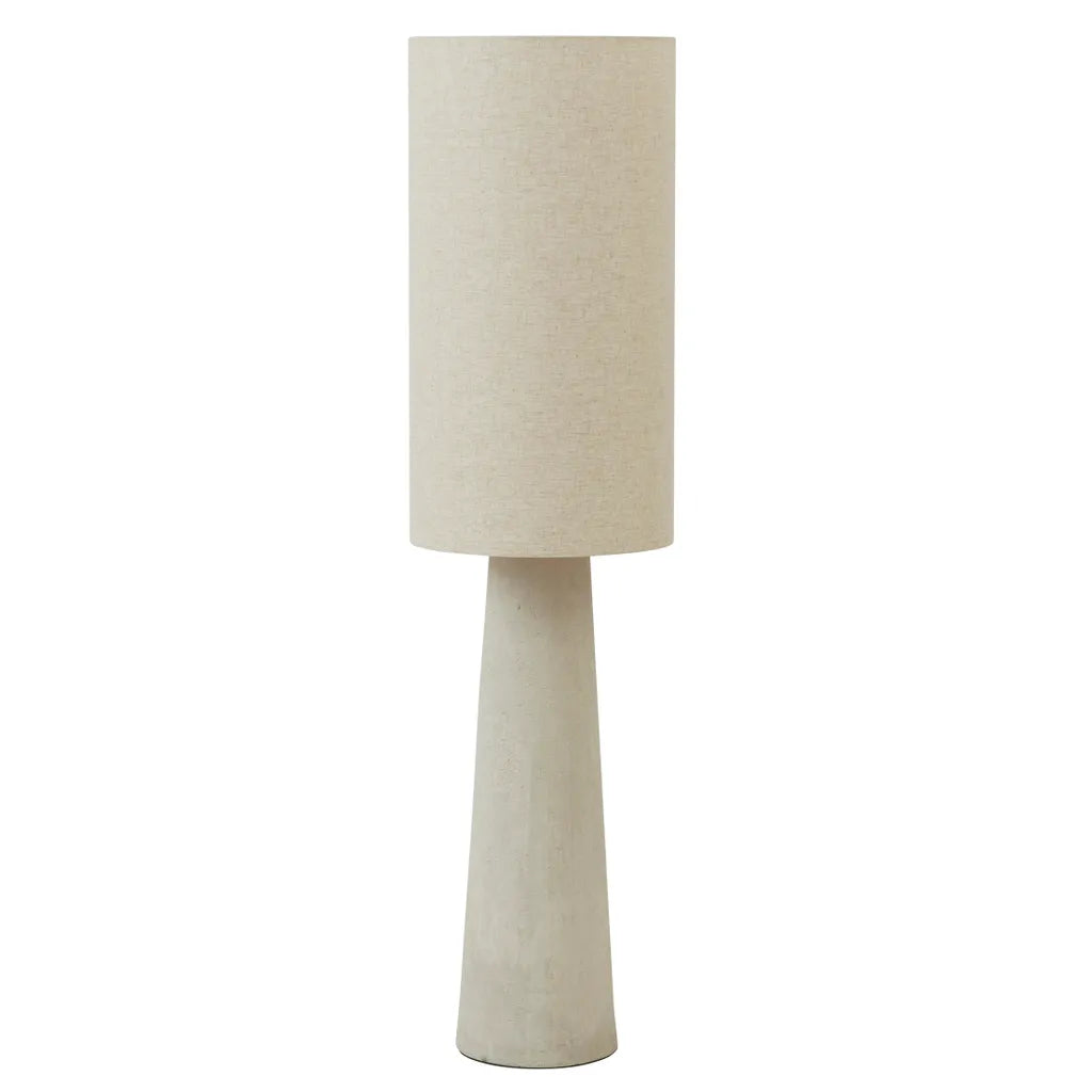 natural colour fibreglass base; cylindrical fabric lampshade; tall and slender shape; neutral beige tones;