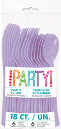 lavender colour; set of 18 cutlery pieces; includes knives, forks, and spoons; plastic material; packaged in clear plastic bag;