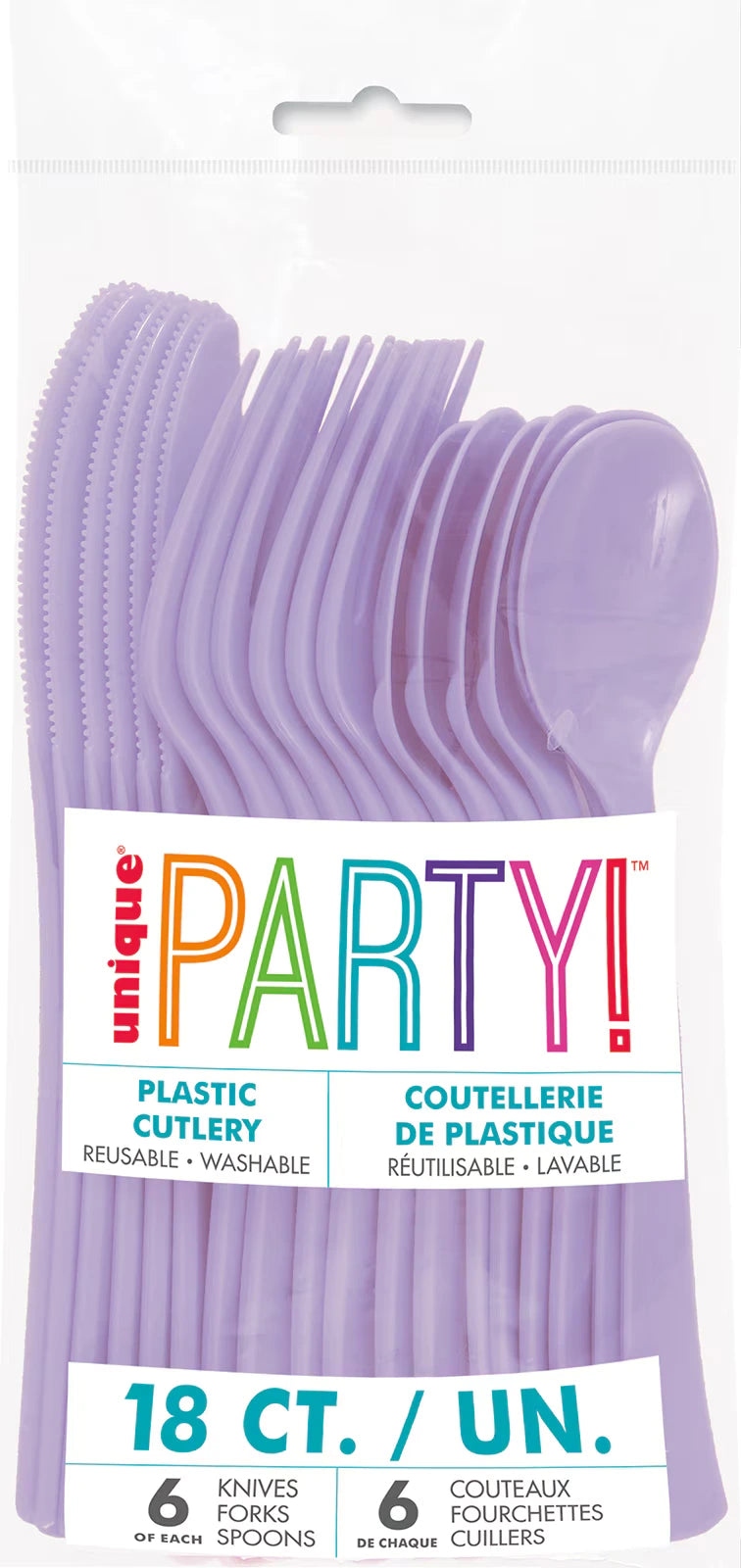 lavender colour; set of 18 cutlery pieces; includes knives, forks, and spoons; plastic material; packaged in clear plastic bag;