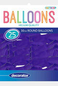 lavender coloured balloons; round balloon shape; pack contains 25 balloons; latex material; balloons arranged in rows on packaging;