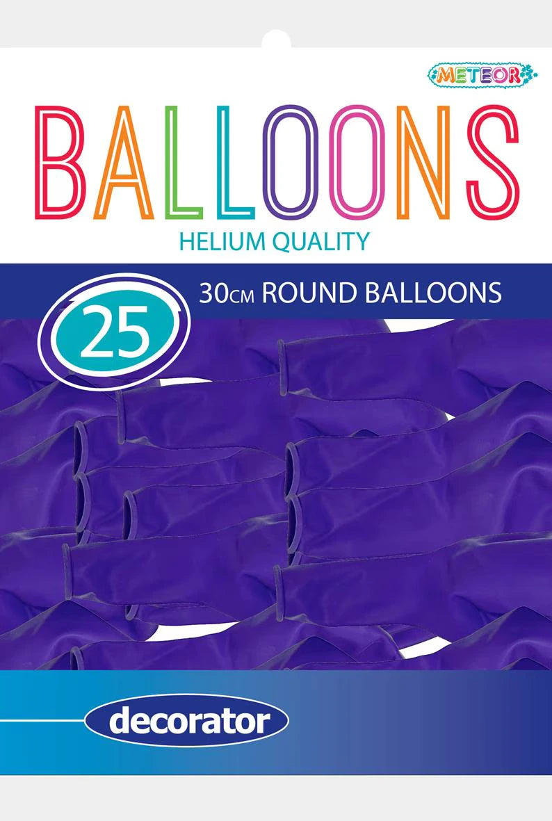 lavender coloured balloons; round balloon shape; pack contains 25 balloons; latex material; balloons arranged in rows on packaging;