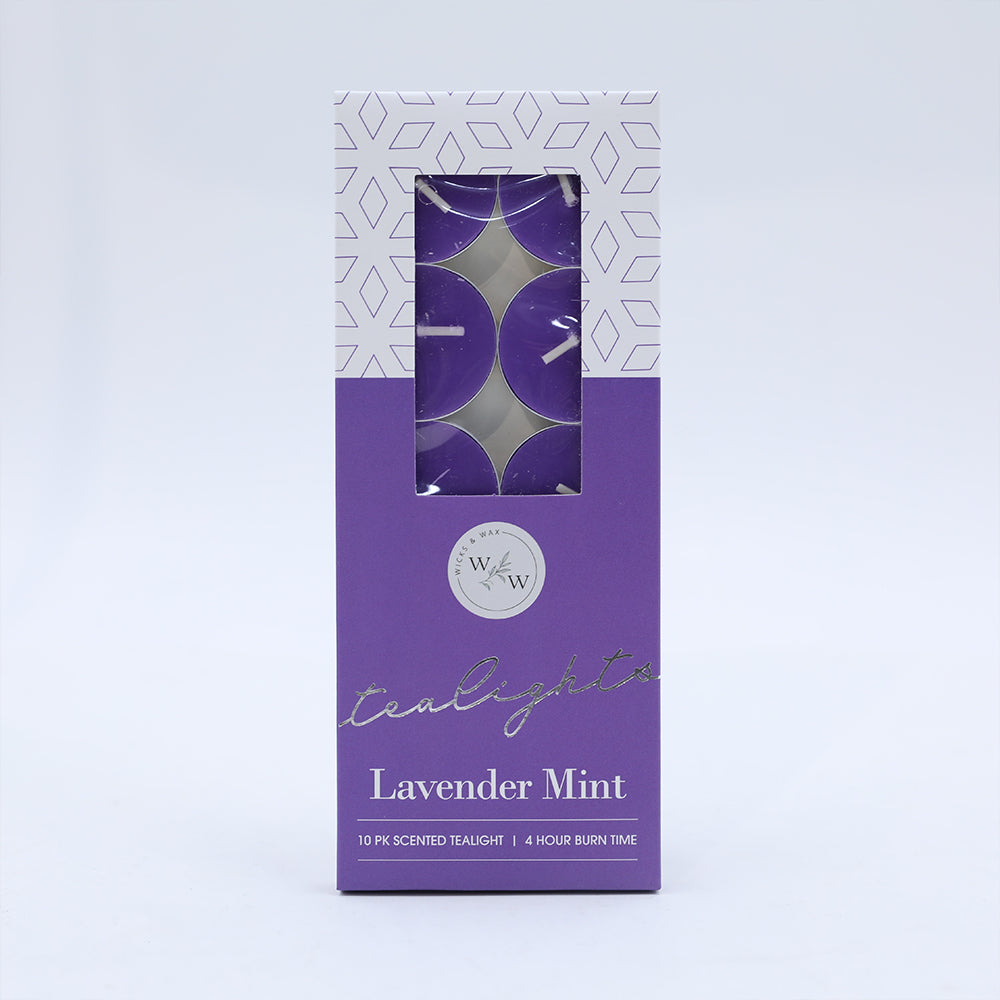 purple wax tealights; pack of 10; rectangular purple and white box; window on packaging showing tealights;