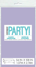 lavender colour; rectangular shape; plastic material; packaged with white label; dimensions shown 137cm x 274cm;