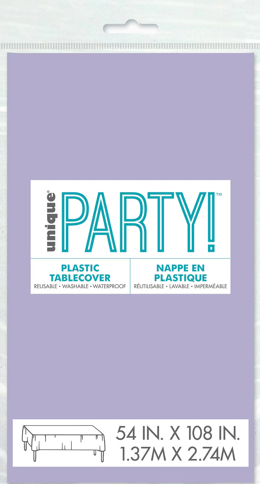 lavender colour; rectangular shape; plastic material; packaged with white label; dimensions shown 137cm x 274cm;