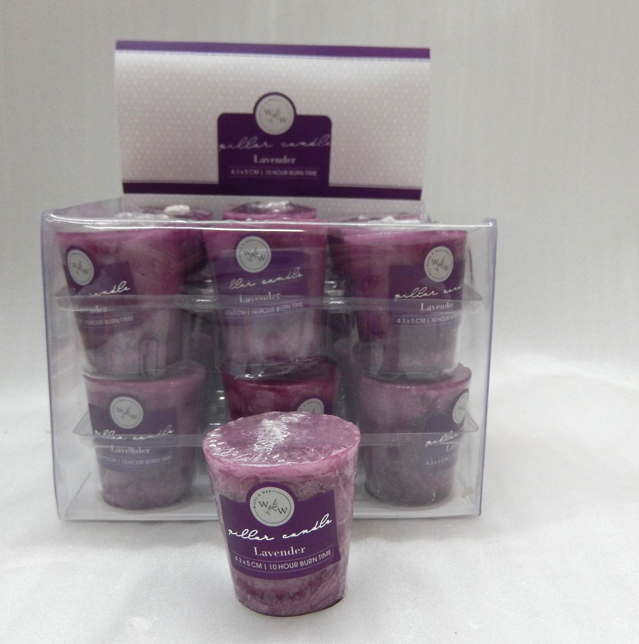 purple lavender colour; solid wax votive shape; packaged in clear plastic wrap; label with lavender scent text; set of nine votive candles;