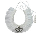 white layered lace fabric; ruffled lace design; double hearts pendant with small sparkling details; thin white ribbon ties for fastening;