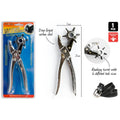 metal hand tool with plier handles; revolving turret with 6 punch sizes; silver colour metal finish; packaged on blue and orange card; dimensions approx 23cm length;