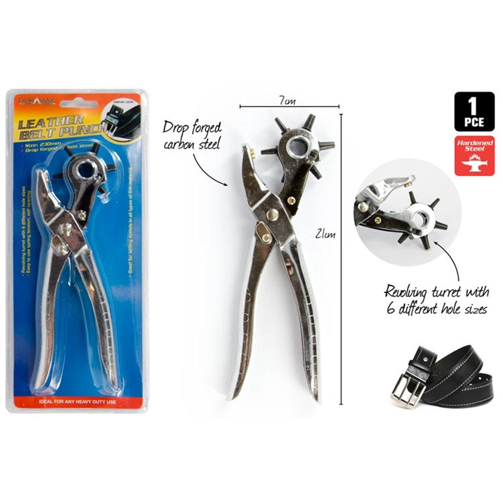 metal hand tool with plier handles; revolving turret with 6 punch sizes; silver colour metal finish; packaged on blue and orange card; dimensions approx 23cm length;