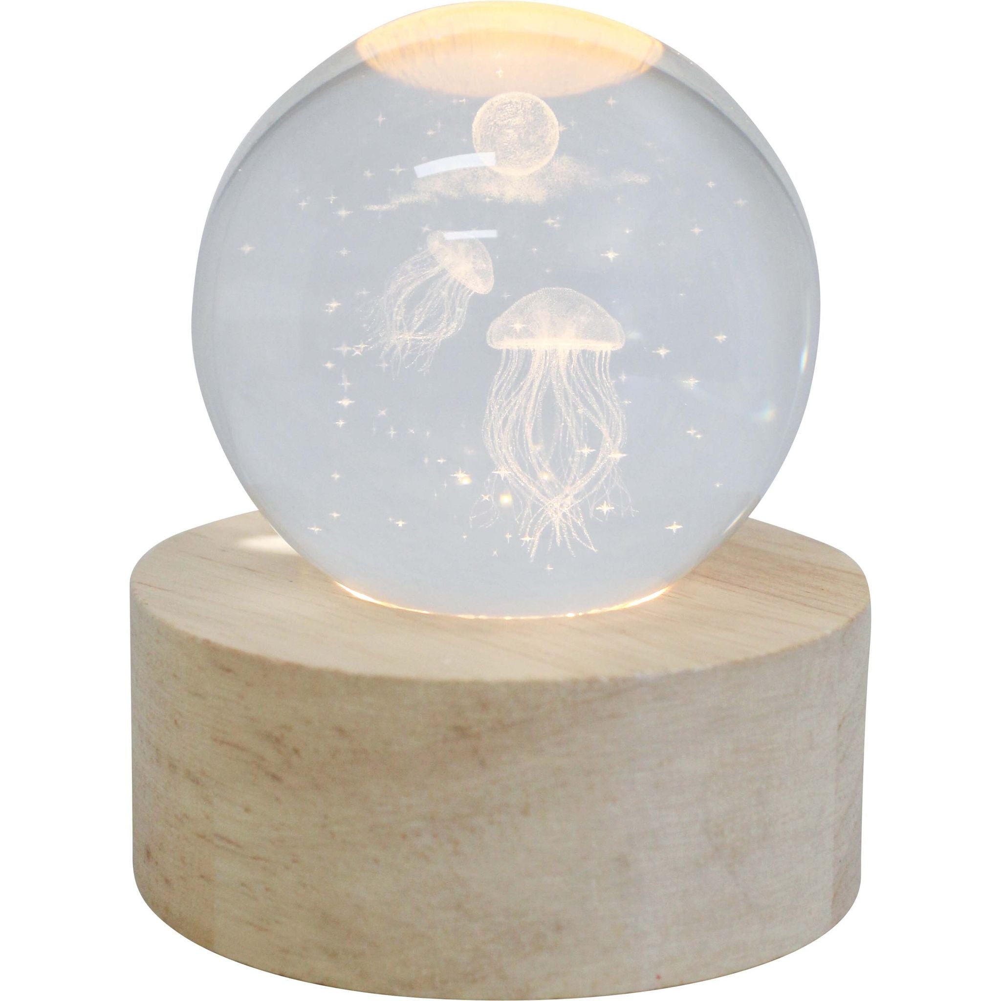clear spherical glass ball; etched jellyfish design; glowing moon and stars; natural wood round base; soft white LED light;