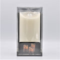 Cream coloured pillar candle; Flickering flame LED effect; Clear plastic packaging; Cylindrical shape; Compact size 10cm diameter x 20cm height;