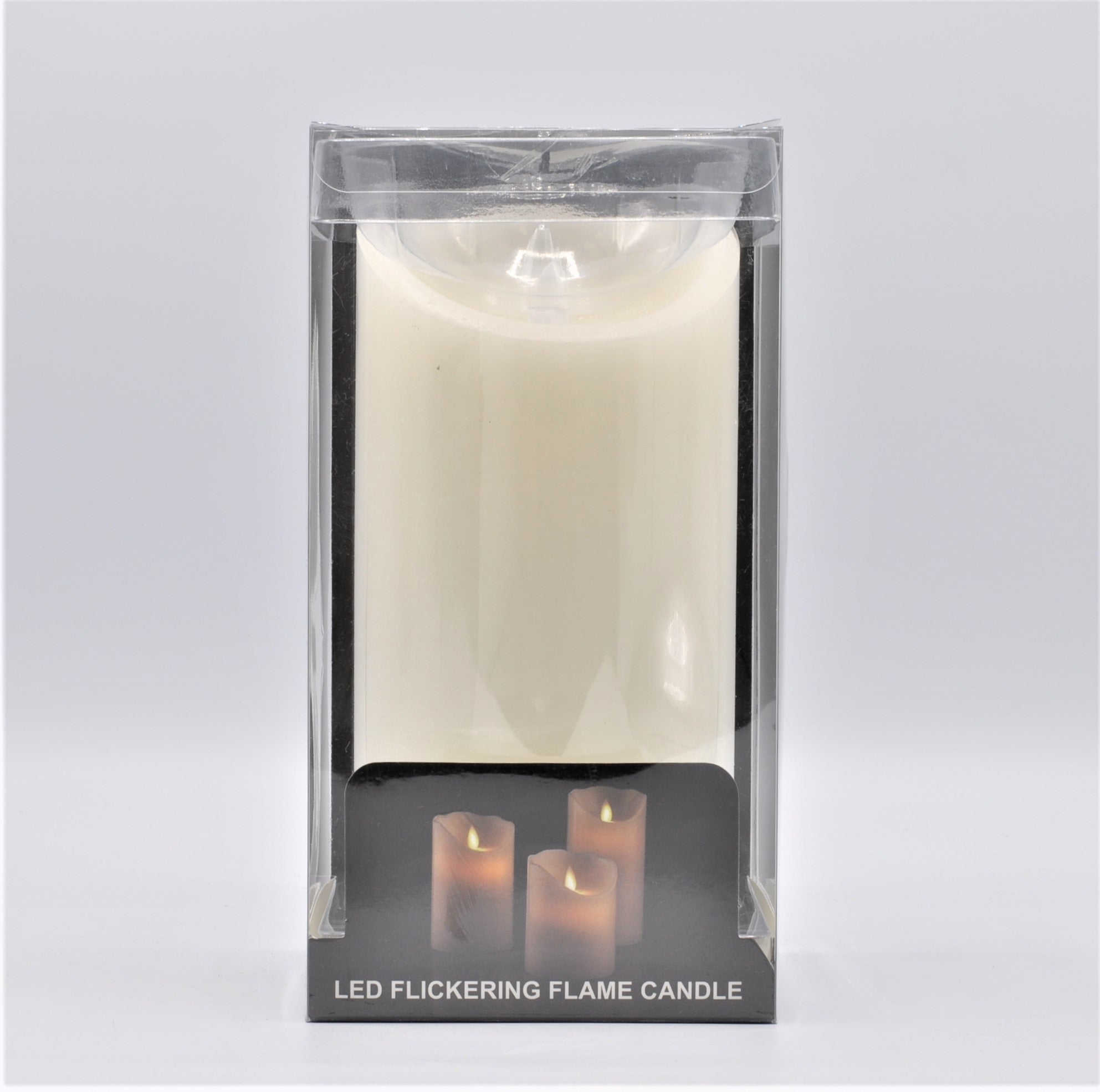 Cream coloured pillar candle; Flickering flame LED effect; Clear plastic packaging; Cylindrical shape; Compact size 10cm diameter x 20cm height;