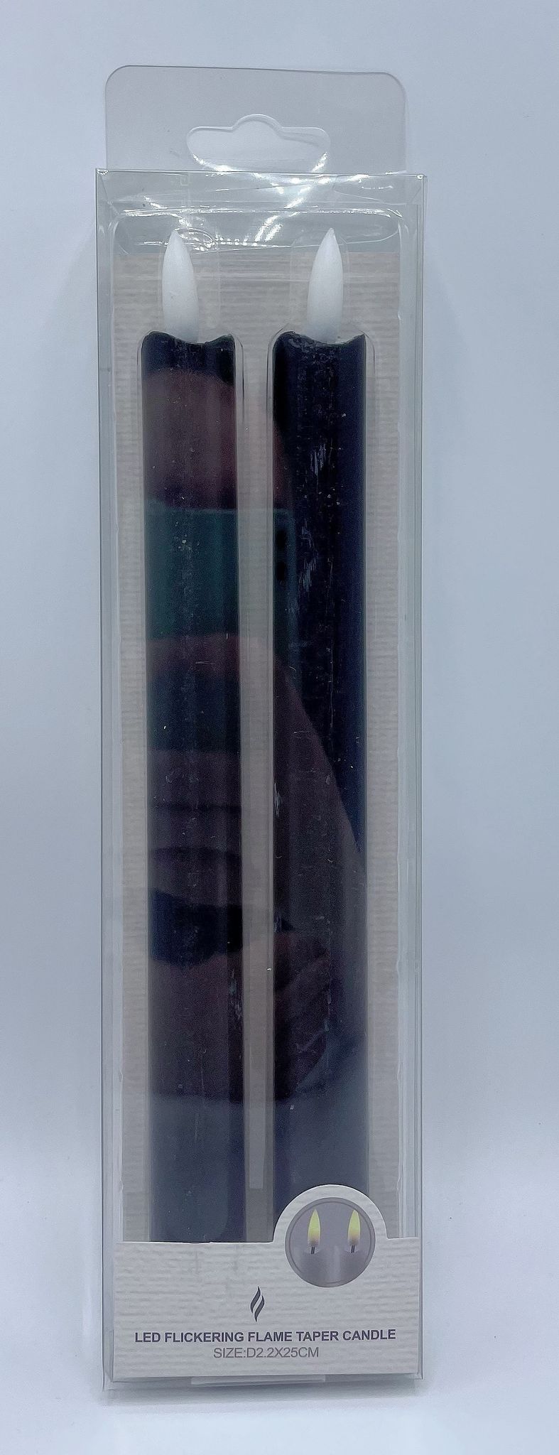 black colour; wax material appearance; taper candle shape; white LED flame tip; pack of two;