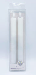 white wax taper candle shape; flickering LED flame design; pack of two candles; clear plastic packaging; candle size approx 25cm tall;