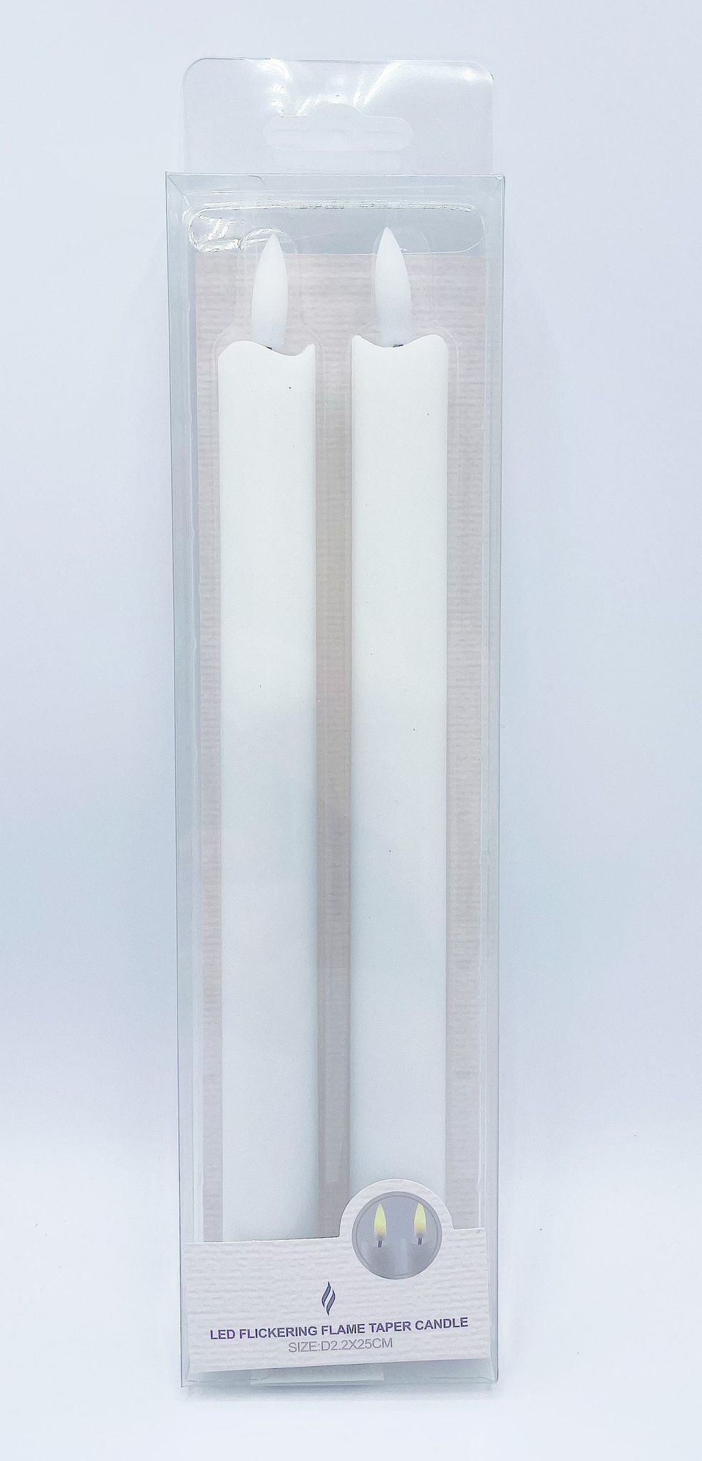 white wax taper candle shape; flickering LED flame design; pack of two candles; clear plastic packaging; candle size approx 25cm tall;