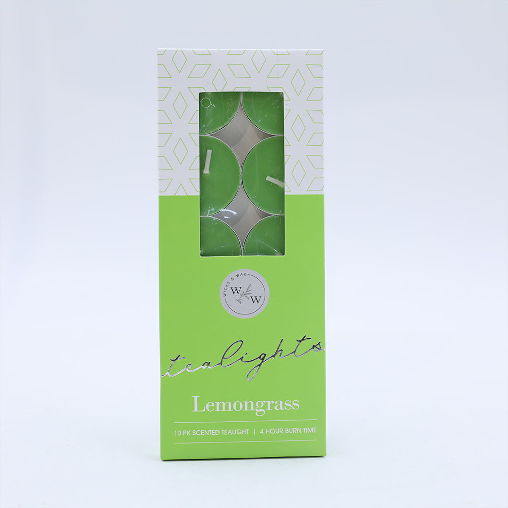 green coloured tealight wax; pack of 10 tealights; aluminium holders; rectangular bright green and white box; box with transparent window showing tealights;
