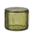 green tinted glass; embossed SALT text; round shape with ridged sides; matching flat lid; compact size;