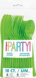lime green plastic cutlery; includes knives, forks, spoons; packaged in clear plastic bag; bright solid colour; assorted 18 pieces;