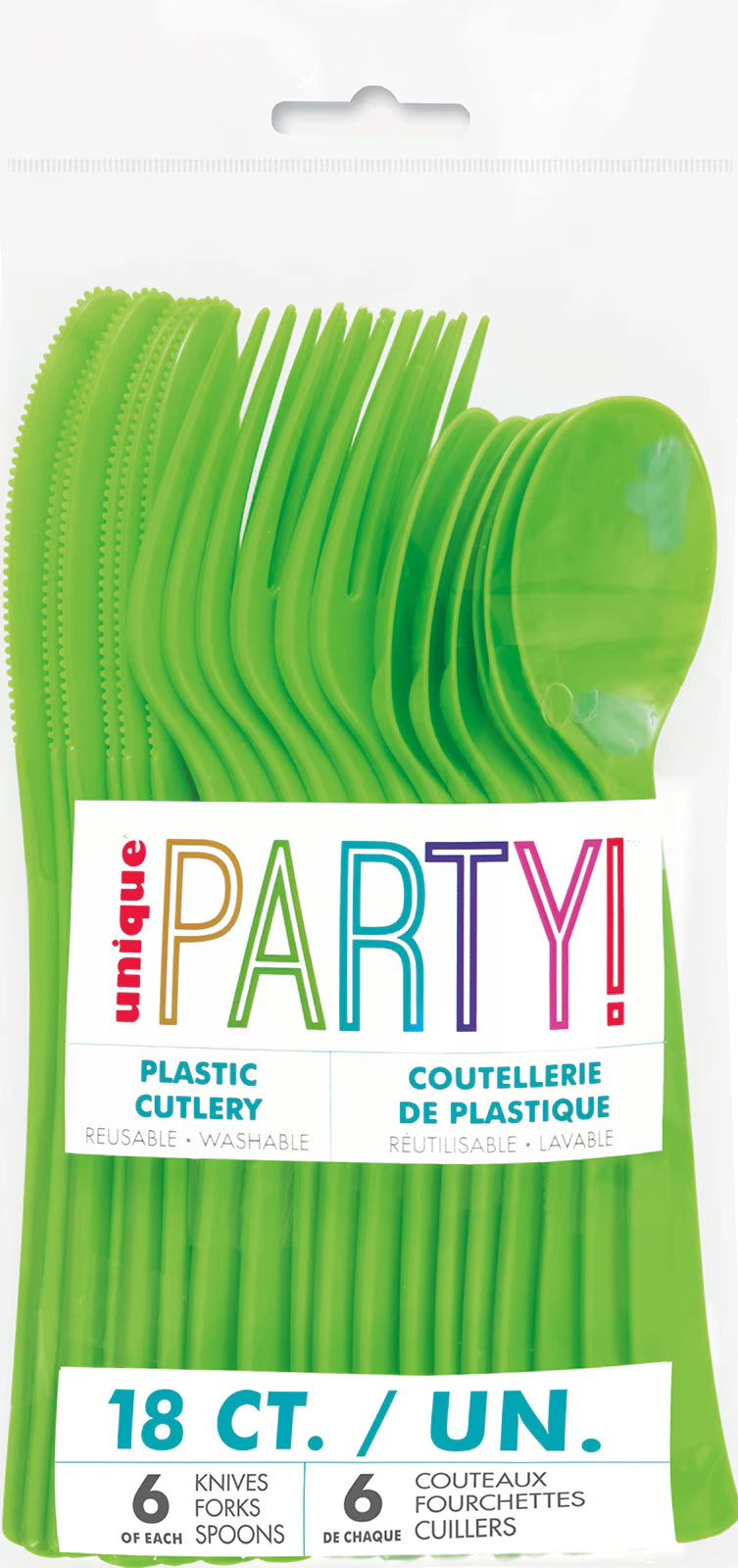 lime green plastic cutlery; includes knives, forks, spoons; packaged in clear plastic bag; bright solid colour; assorted 18 pieces;