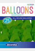 lime green colour; round balloon shape; latex material; pack of 25 balloons; decorator balloon label;