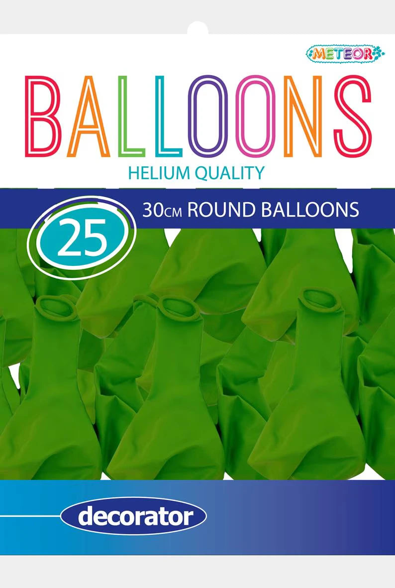 lime green colour; round balloon shape; latex material; pack of 25 balloons; decorator balloon label;