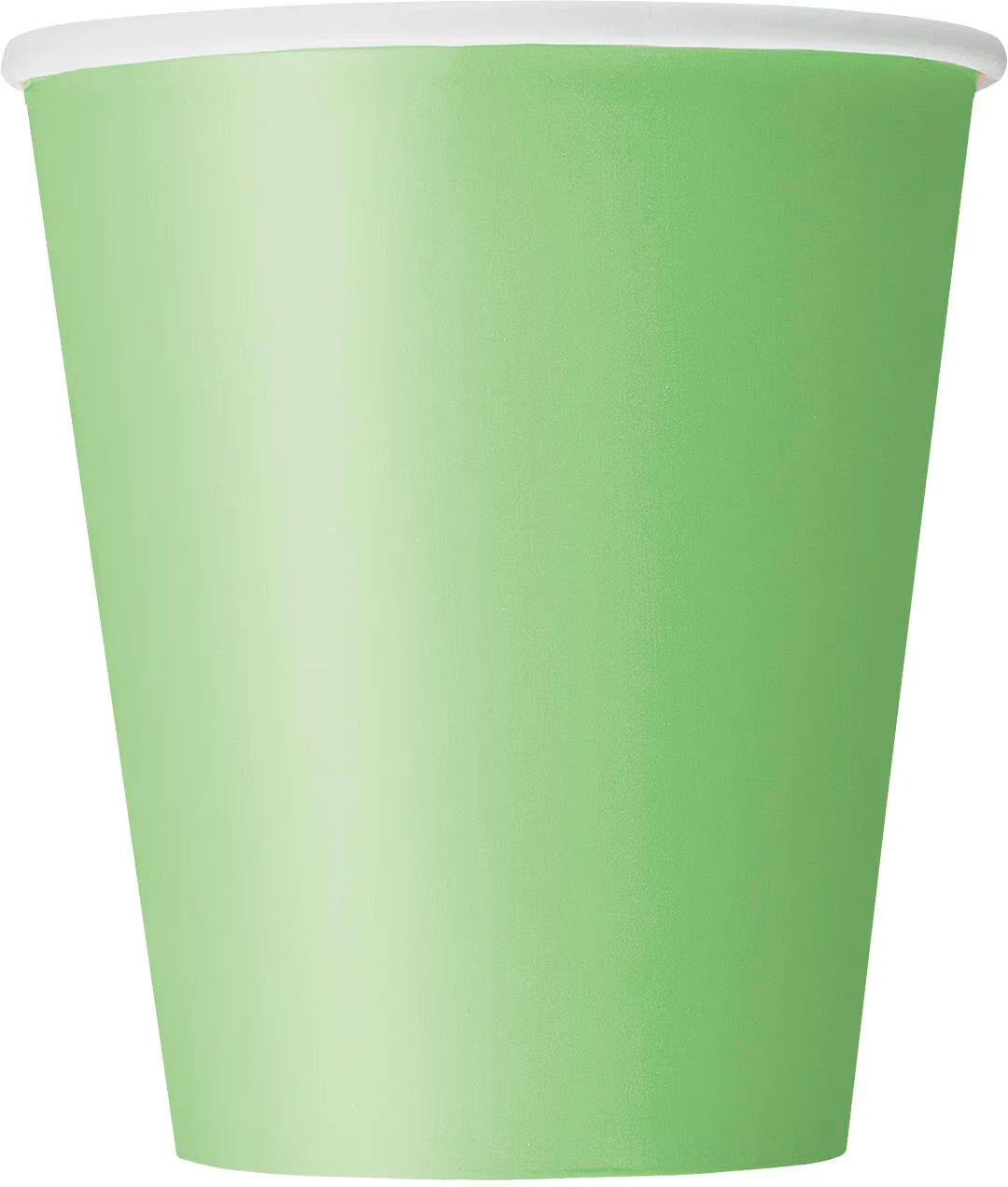 lime green solid colour; paper material; standard tapered cup shape; white rim edge;