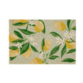 Rectangular shape; Green base colour; Lemon and leaf pattern in yellow and green; PVC backing visible on edges; Coir fibre texture;