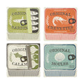 Set of four square ceramic coasters; Each coaster has a different colourful seafood tin design; Coasters measure about 10cm by 10cm; Designs include sardines, prawns, calamari, and mussels; Coasters have a glossy finish;