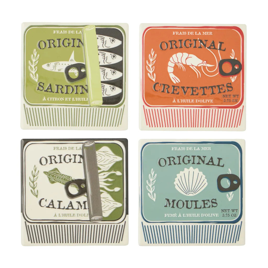 Set of four square ceramic coasters; Each coaster has a different colourful seafood tin design; Coasters measure about 10cm by 10cm; Designs include sardines, prawns, calamari, and mussels; Coasters have a glossy finish;