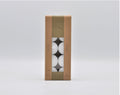 Brown cardboard box packaging; Clear plastic window showing 10 white tealights; White wax tealights in aluminium cups; Pack includes 10 tealights arranged in two columns;