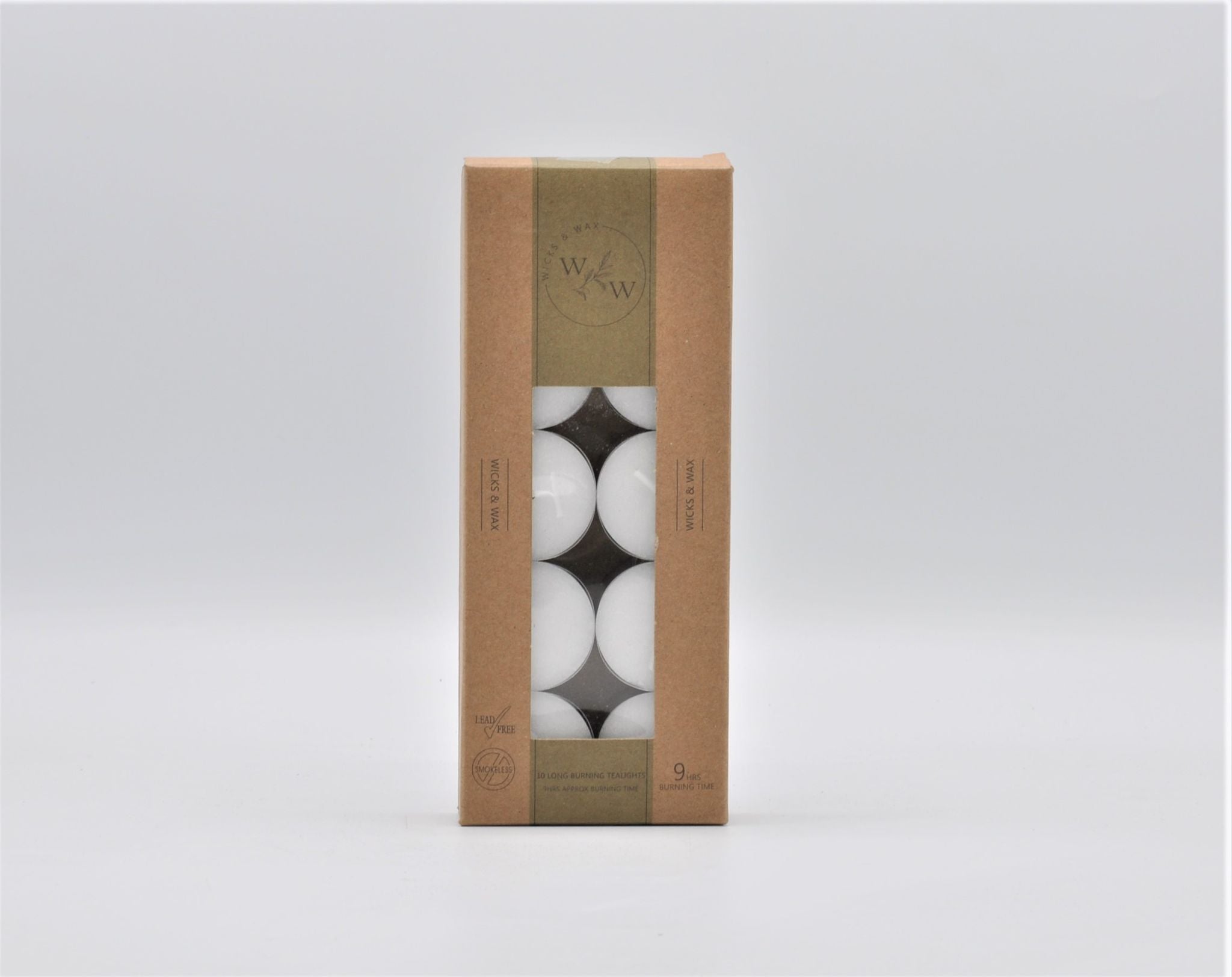 Brown cardboard box packaging; Clear plastic window showing 10 white tealights; White wax tealights in aluminium cups; Pack includes 10 tealights arranged in two columns;