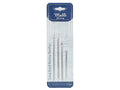 4 metal needles of varying lengths; thin, long needle shape; packaged in a blue and white card backing; needles have sharp points and eye for threading;