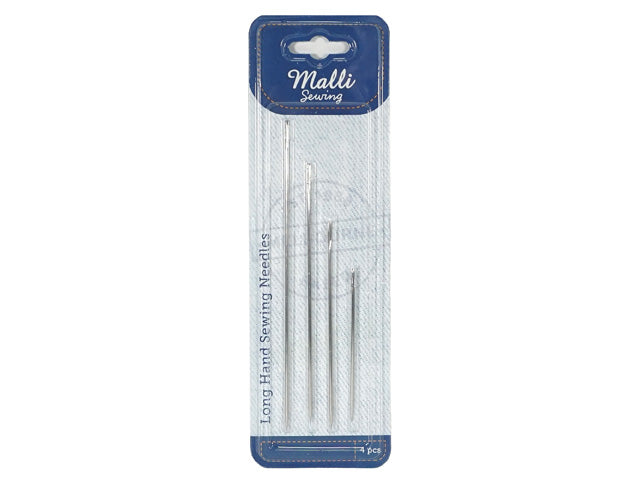 4 metal needles of varying lengths; thin, long needle shape; packaged in a blue and white card backing; needles have sharp points and eye for threading;