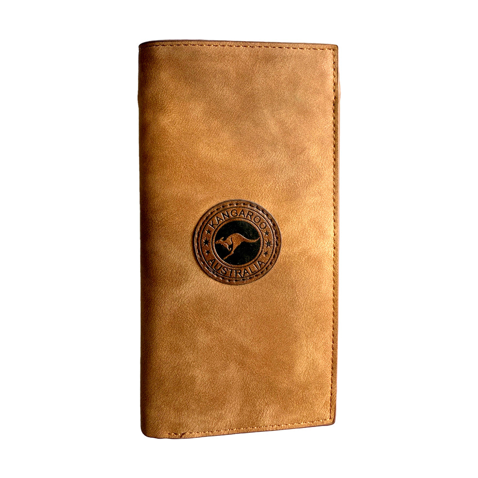 tan colour leather; long rectangular shape; embossed kangaroo logo on front; stitching around edges;