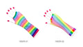 long length fishnet glove; colourful vertical rainbow stripes; fingerless design; stretchy mesh fabric;