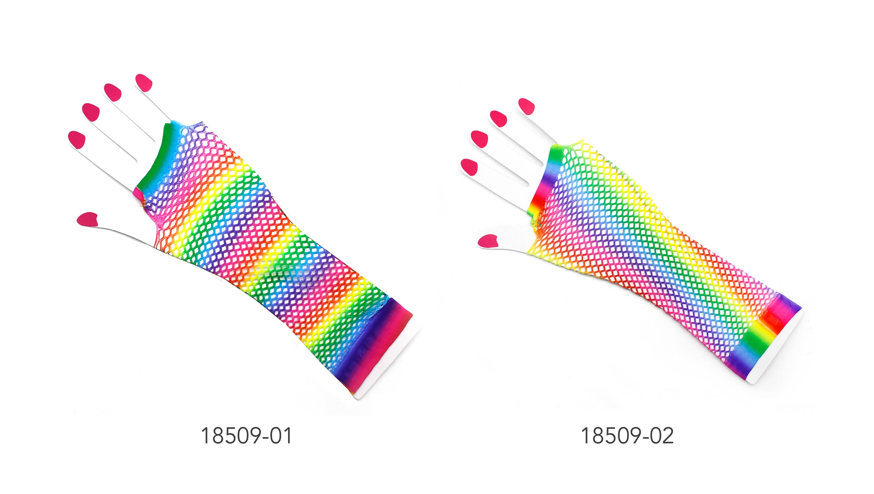 long length fishnet glove; colourful vertical rainbow stripes; fingerless design; stretchy mesh fabric;