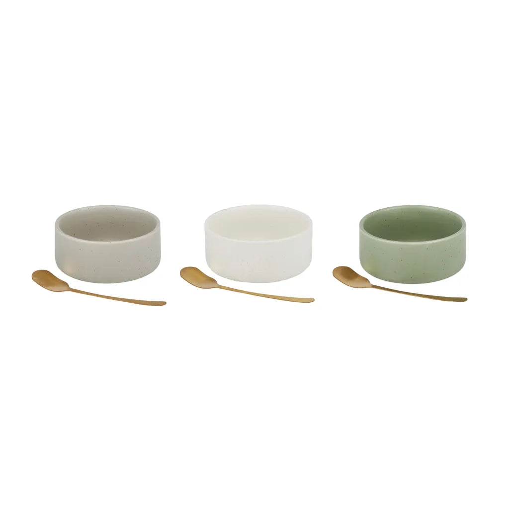 Two ceramic bowls with accompanying small spoons; Bowls are round shaped with a height and diameter of approximately 10x5cm; Bowls shown in three different colours: beige, white and light green; Each spoon has a golden finish and elongated handle;