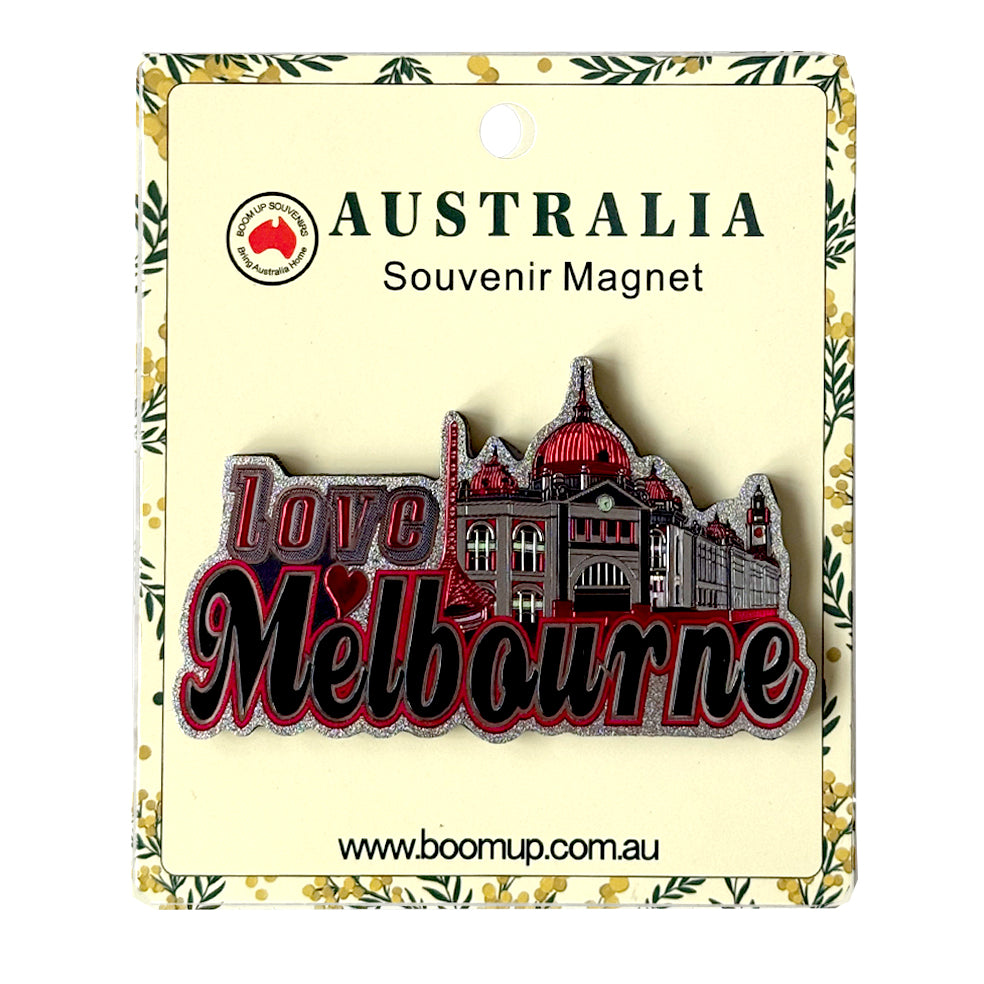 PVC material; red and black colour scheme; Melbourne cityscape design; packaged on floral card backing; bold cursive and block letter fonts;