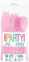 pink plastic cutlery; includes knives, forks, spoons; packaged in clear plastic bag; label with multicolour party text;