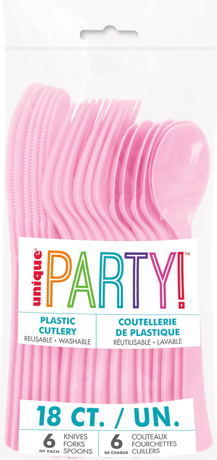 pink plastic cutlery; includes knives, forks, spoons; packaged in clear plastic bag; label with multicolour party text;
