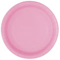 solid pink colour; round shape; paper material; 7 inch (18cm) size; pack of 8 plates;